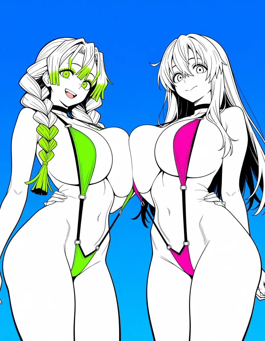 masterpiece, best quality, score_7, newest, anime screenshot, official art, 2others, 2girls. kanroji mitsuri. Gyaru. Gyaru costume. gigantic breasts. chubby Sexy. Prostitution. Gyaru style makeup. And. gotoh hitori. Gyaru. slingshot swimsuit. gigantic breasts. chubby Sexy. Prostitution. Gyaru style makeup., (flat color:1.3), hard cel shading, thin crisp lineart, high key daylight, vivid primary palette, bright clean background