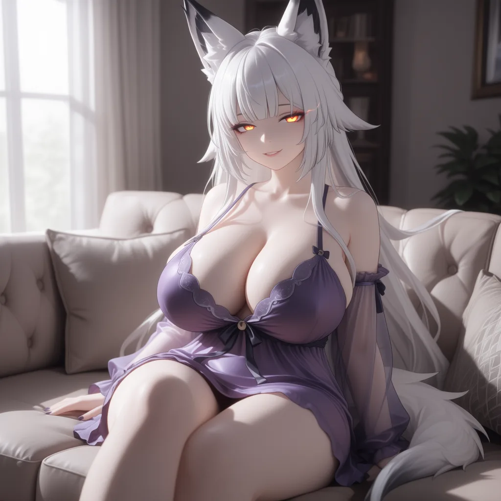 masterpiece, best quality, score_7, newest, photorealistic, realistic, 3d, mature_female, tall, curvy, massive breasts, fair skin, long white hair, ember eyes, fox_ears, fox_tail, purple nightgown, mischief, horny, sitting on the couch, (realistic:1.6), natural skin pores, subsurface scattering, soft neutral daylight, shallow depth of field, desaturated cinematic color grading, film grain