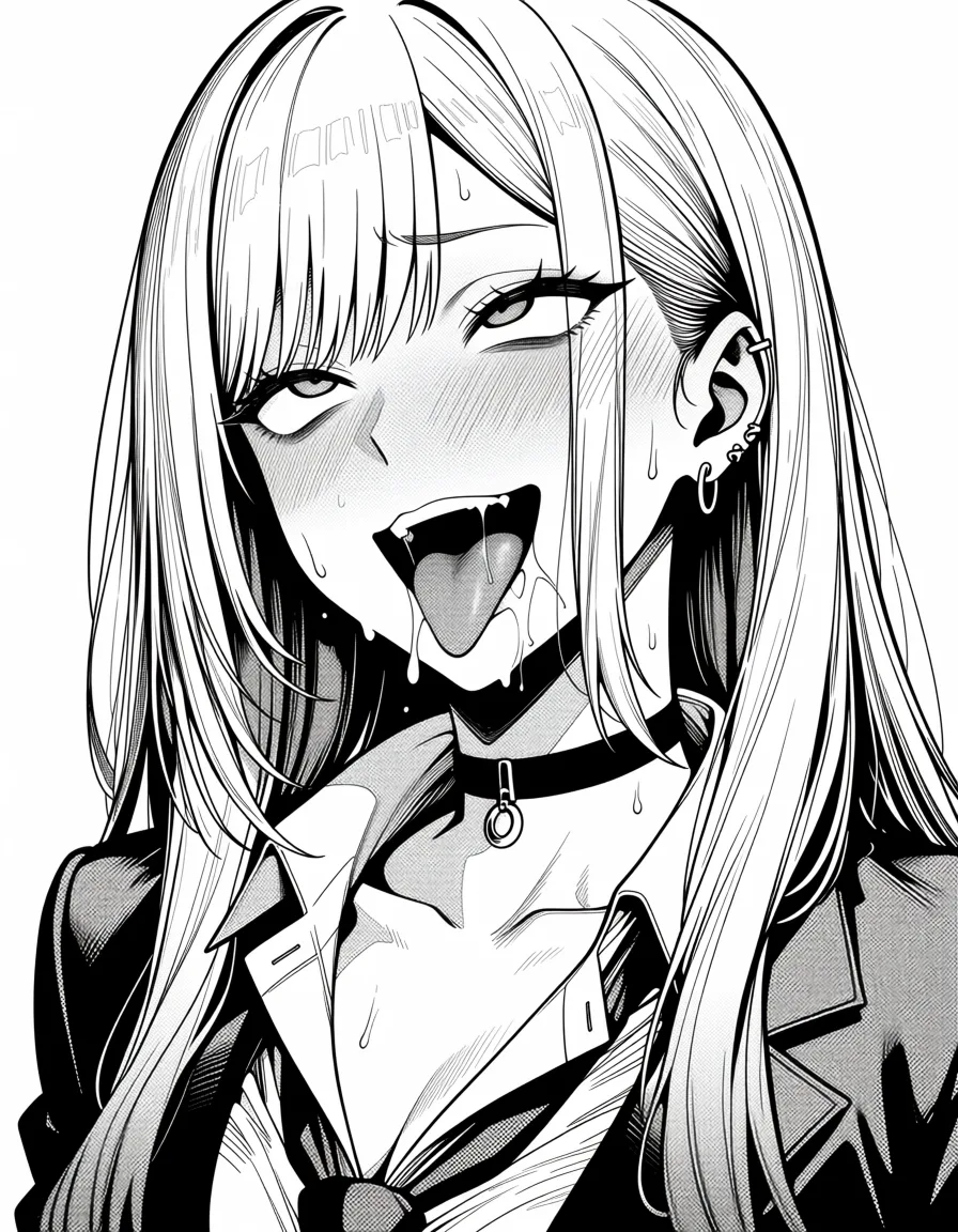 masterpiece, best quality, score_7, newest, manga, monochrome, greyscale, 1girl, sex_from_behind ahegao kitagawa marin, (monochrome:1.7), (greyscale:1.7), screentone, halftone dots, ink hatching, bold black spotting, white background
