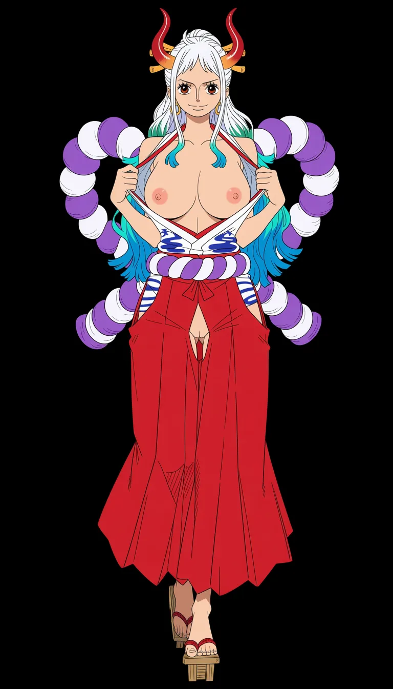 masterpiece, best quality, score_7, newest, anime screenshot, official art, Yamato, (One Piece style:1.6), (full body in frame:1.5), standing, sexy pose, (black background:1.5), long white hair with turquoise and light-blue tips, two red curved oni horns, gentle gaze and warm smile, white sleeveless Japanese-style top with a red neckline and the chest area completely cutout to let the full naked breasts and nipples out, (naked breasts and nipples fully visible and exposed:1.5), red hakama skirt with big crotch cutout, naked pussy fully visible and exposed through crotch cutout, purple rope belt around the waist, traditional wooden sandals, (flat color:1.3), hard cel shading, thin crisp lineart, high key daylight, vivid primary palette, bright clean background