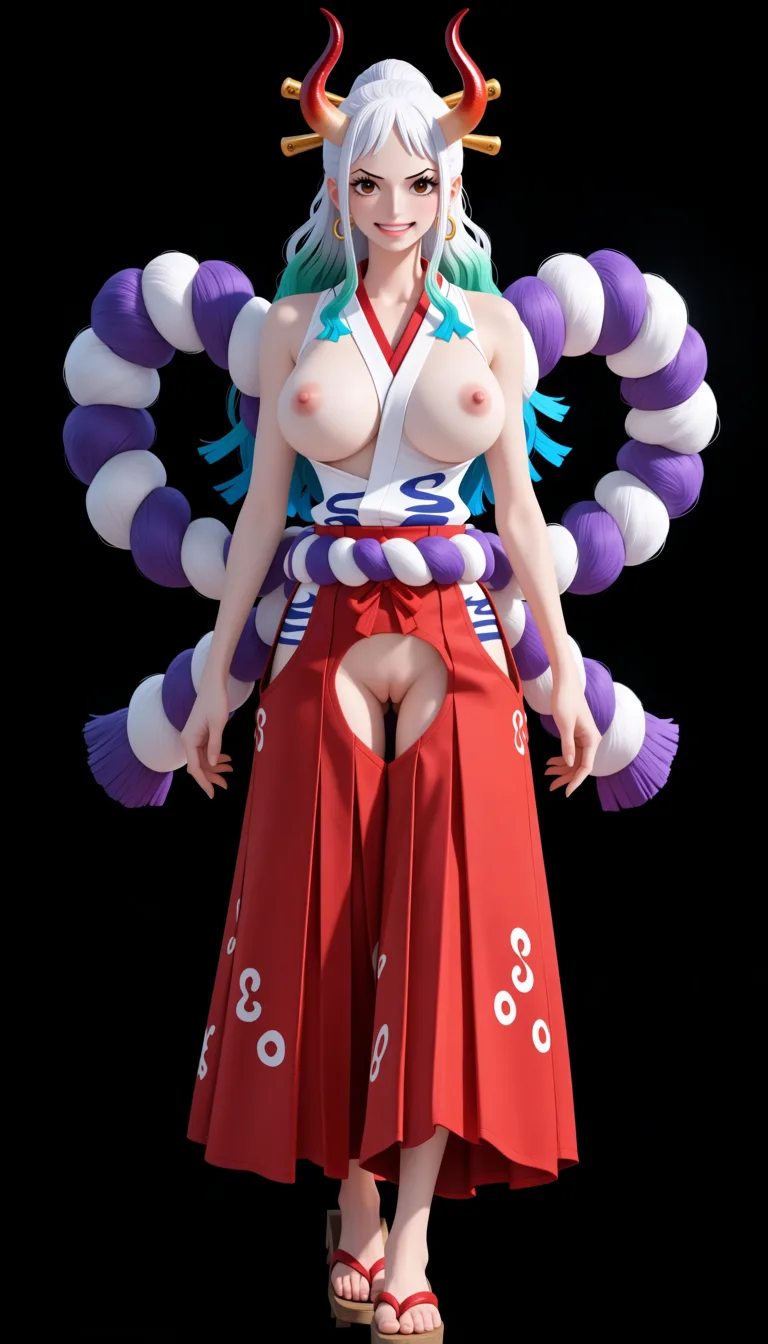masterpiece, best quality, score_7, newest, anime screenshot, official art, Yamato, (One Piece style:1.7), (full body in frame:1.5), standing, confident sexy pose, (black background:1.5), long white hair with turquoise and light-blue tips, two red curved oni horns, gentle gaze and bright smile, white sleeveless Japanese-style top with a red neckline and the chest area completely cutout to let the full naked breasts and nipples out, (naked breasts and nipples fully visible and exposed:1.5), red hakama skirt with big crotch cutout fully exposing vagina, naked pussy fully visible and exposed through crotch cutout, purple rope belt around the waist, traditional wooden sandals, (flat color:1.3), hard cel shading, thin crisp lineart, high key daylight, vivid primary palette, bright clean background