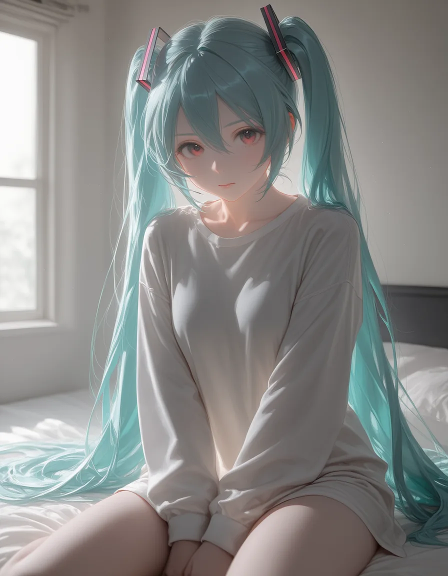 masterpiece, best quality, score_7, newest, photorealistic, realistic, 3d, 1woman, silver hair, red eyes, oversized shirt, sitting on the end of the bed, morning light, hatsune miku, (realistic:1.6), natural skin pores, subsurface scattering, soft neutral daylight, shallow depth of field, desaturated cinematic color grading, film grain