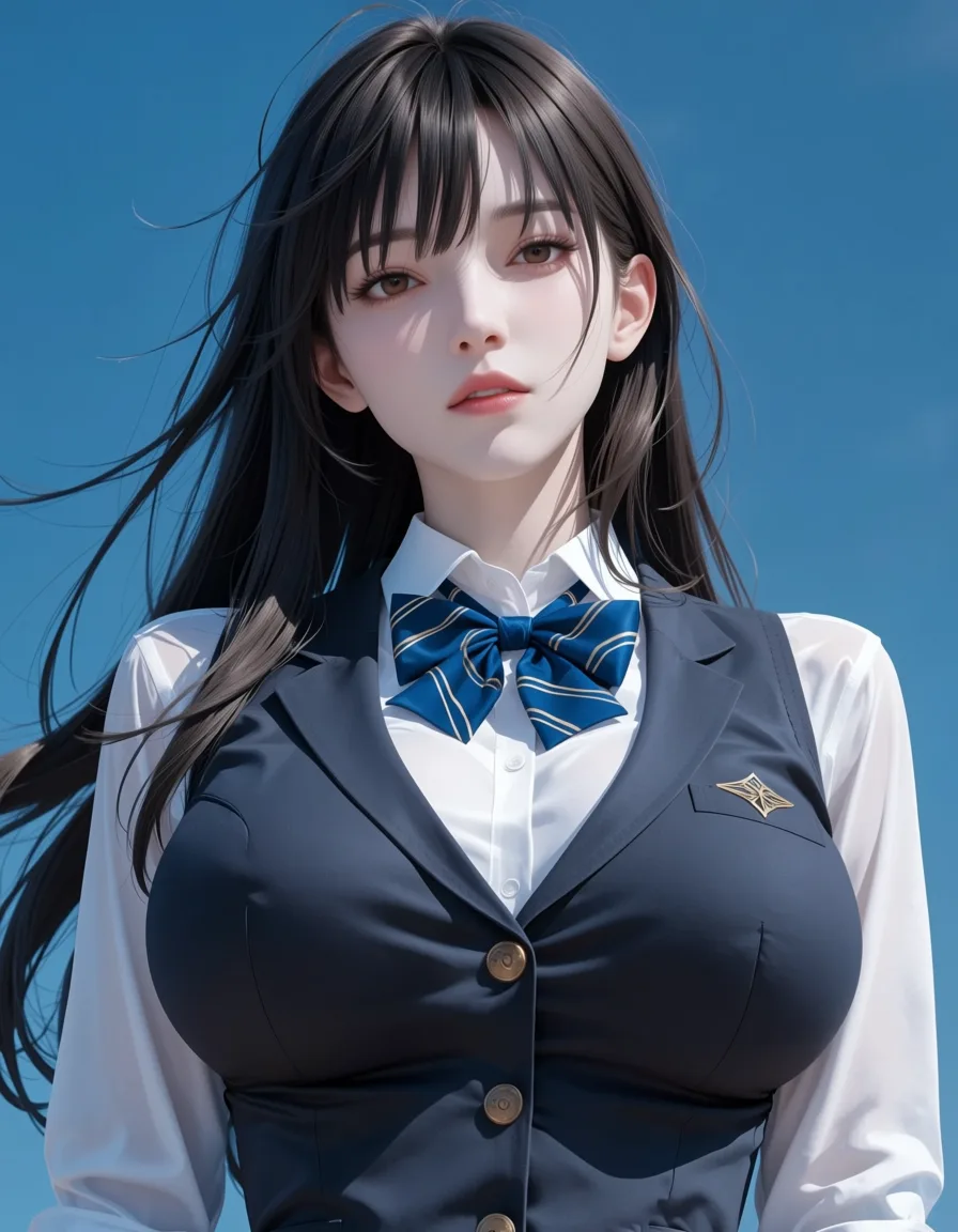 masterpiece, best quality, score_7, newest, anime screenshot, official art, school_uniform large_breasts skirt grabbing_own_breast clothed@hatsune_miku, (flat color:1.3), hard cel shading, thin crisp lineart, high key daylight, vivid primary palette, bright clean background