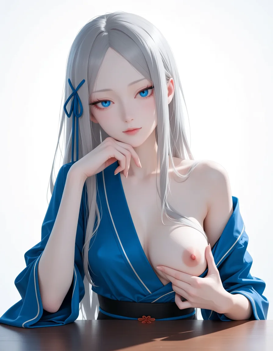 masterpiece, best quality, score_7, newest, anime screenshot, official art, pandora from re:Zero kara Hajimeru Isekai Seikatsu , She’s sitting at the desk, one hand resting on her chin, the other hand exposing one breast, one nipple.,, (flat color:1.3), hard cel shading, thin crisp lineart, high key daylight, vivid primary palette, bright clean background