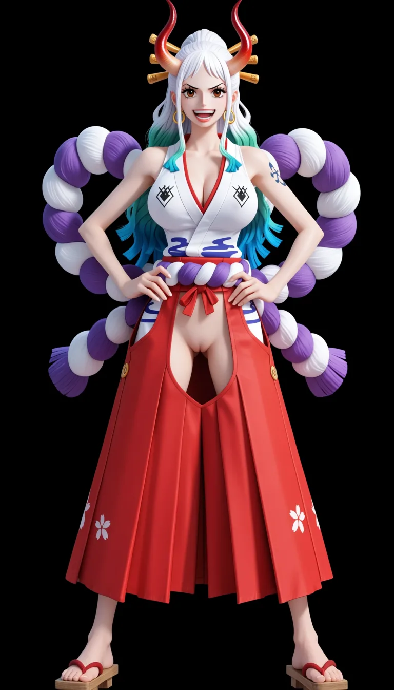 masterpiece, best quality, score_7, newest, anime screenshot, official art, Yamato, (One Piece style:1.5), (full body in frame:1.5), standing, sexy pose, black background, long white hair with turquoise and light-blue tips, two red curved oni horns, white skin, confident and cheerful expression, white sleeveless Japanese-style top with a red neckline and the chest area completely cutout to let the full naked breasts and nipples out, naked breasts and nipples fully visible and exposed, red hakama skirt with no crotch, naked pussy fully visible and exposed through crotch cutout, purple rope belt around the waist, traditional wooden sandals, (flat color:1.3), hard cel shading, thin crisp lineart, high key daylight, vivid primary palette, bright clean background