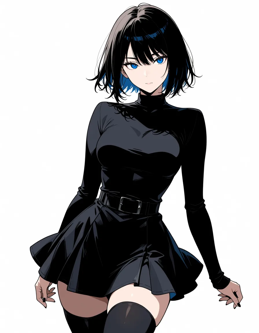 masterpiece, best quality, score_7, newest, anime screenshot, official art, black_hair , blue_eyes , pale_skin , swept_bangs , black_thighhighs , black_skirt black_dress , medium_breasts ,, (flat color:1.3), hard cel shading, thin crisp lineart, high key daylight, vivid primary palette, bright clean background