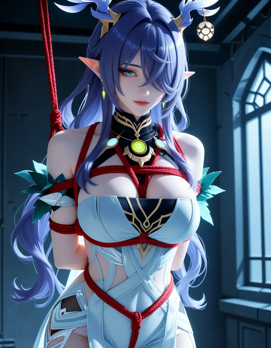 masterpiece, best quality, score_7, newest, anime screenshot, official art, 1girl, lauma (genshin impact), indoors, night, bondage, shibari, suspension, basement, futuristic,, (flat color:1.3), hard cel shading, thin crisp lineart, high key daylight, vivid primary palette, bright clean background