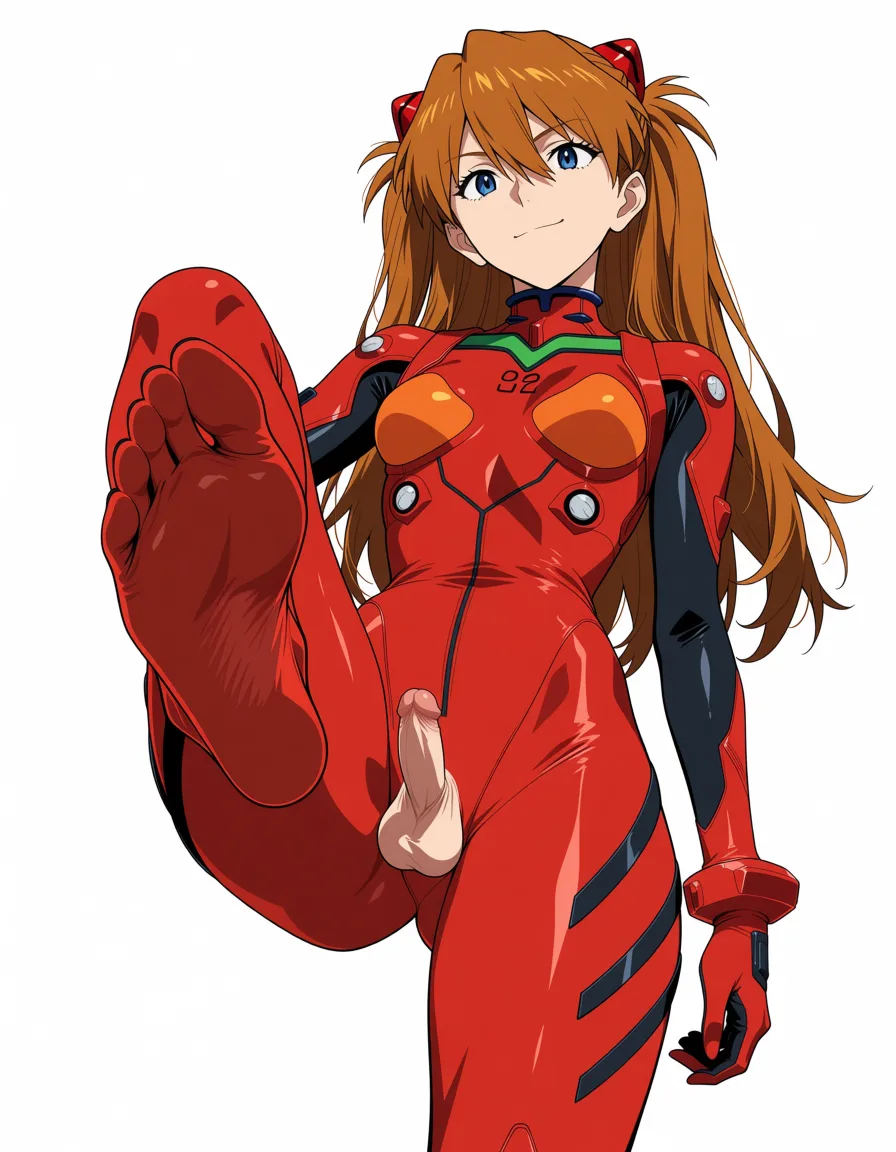 masterpiece, best quality, score_7, newest, anime screenshot, official art, 1girl, futanari , small penis, foot_focus , face is smiling 
souryuu asuka langley, (flat color:1.3), hard cel shading, thin crisp lineart, high key daylight, vivid primary palette, bright clean background