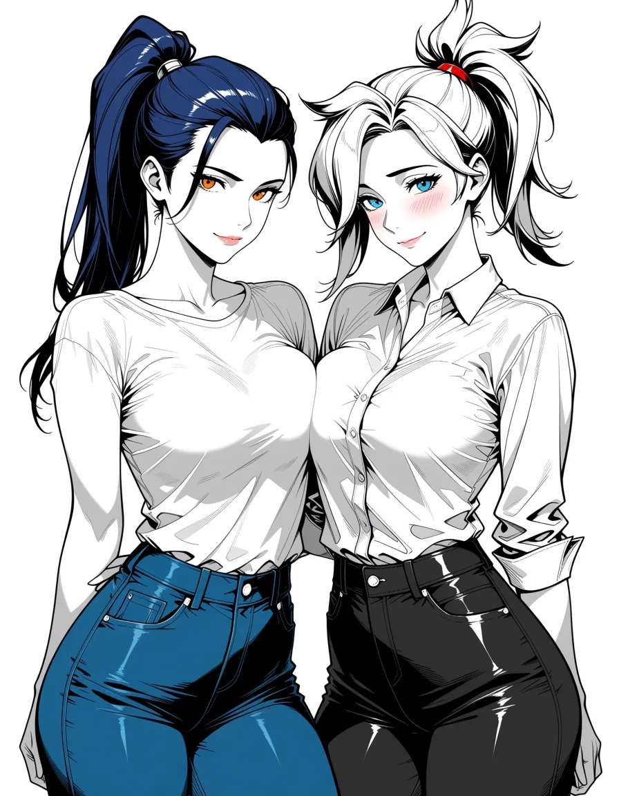 masterpiece, best quality, score_7, newest, anime screenshot, official art, premium quality, detailed, 2girls, collarbone, pants, facesitting, shy smile, cowboy shot, refined aesthetic, widowmaker (overwatch) mercy (overwatch), (flat color:1.3), hard cel shading, thin crisp lineart, high key daylight, vivid primary palette, bright clean background
