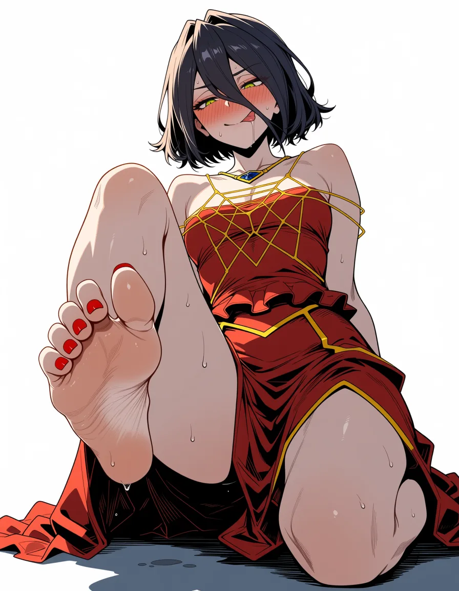 masterpiece, best quality, score_7, newest, anime screenshot, official art, masterpiece, best quality, confident smile, red dress, necklace, sitting and presenting her bare foot with red nail polish, 1boy, short black hair, fully naked, kneeling on the ground, tongue sticking out, drooling, blushing heavily, looking at her foot submissively, sweat drops, foot fetish, foot worship scene, warm lighting, detailed, anime style, hentai, extreme femdom, albedo (overlord), (flat color:1.3), hard cel shading, thin crisp lineart, high key daylight, vivid primary palette, bright clean background