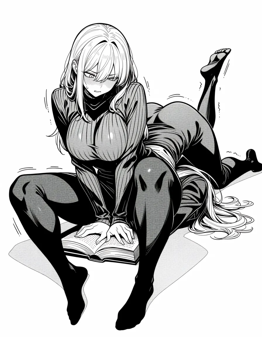 masterpiece, best quality, score_7, newest, manga, monochrome, greyscale, black and white manga, Celia sitting on Agnes's upper body, pinning her arms with her legs, Agnes struggling, Formi reading book, lineart, (monochrome:1.7), (greyscale:1.7), screentone, halftone dots, ink hatching, bold black spotting, white background