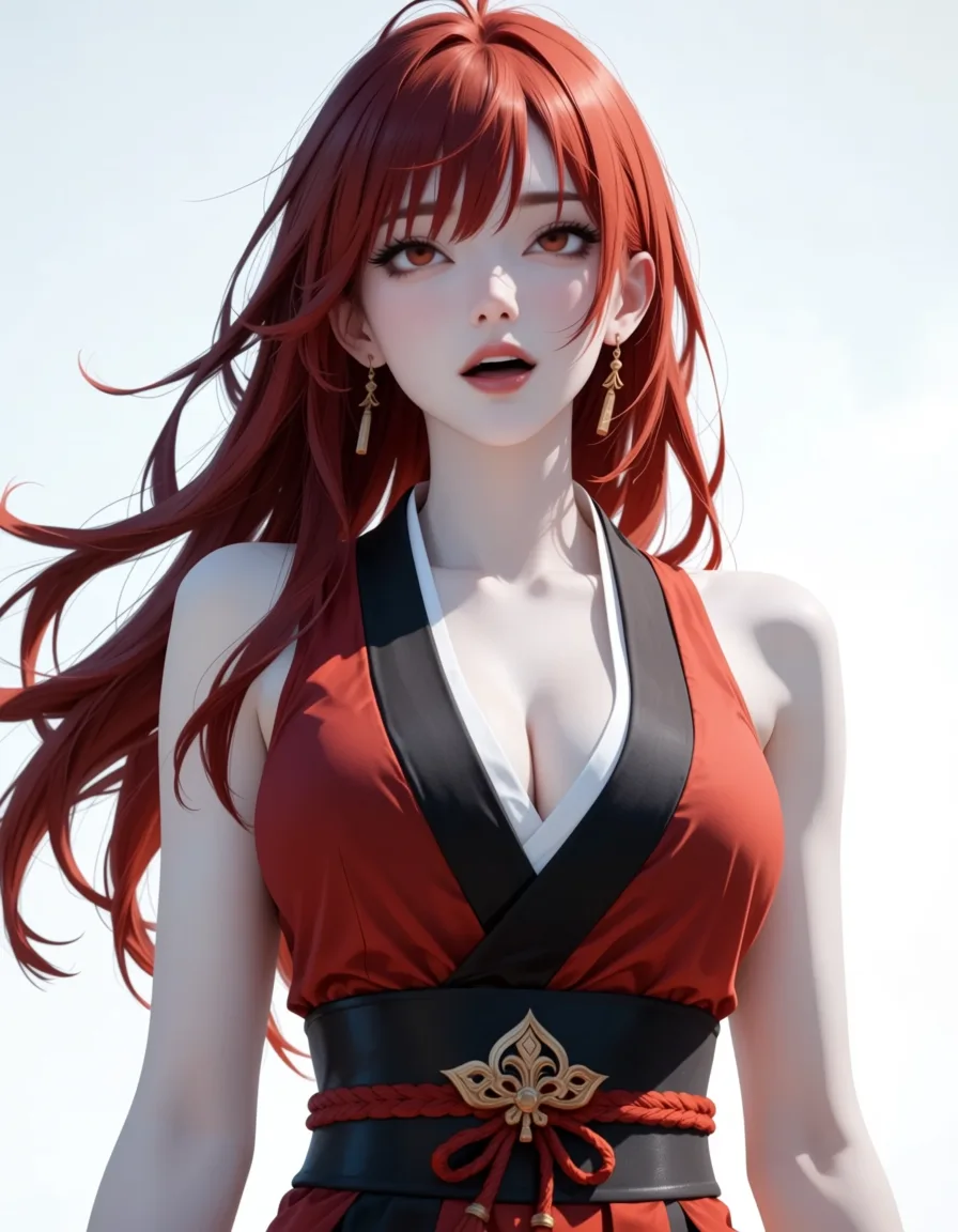 masterpiece, best quality, score_7, newest, anime screenshot, official art, best quality, intricate details, redhead woman, ahegao, bare arms, japanese clothes, anime style, (flat color:1.3), hard cel shading, thin crisp lineart, high key daylight, vivid primary palette, bright clean background