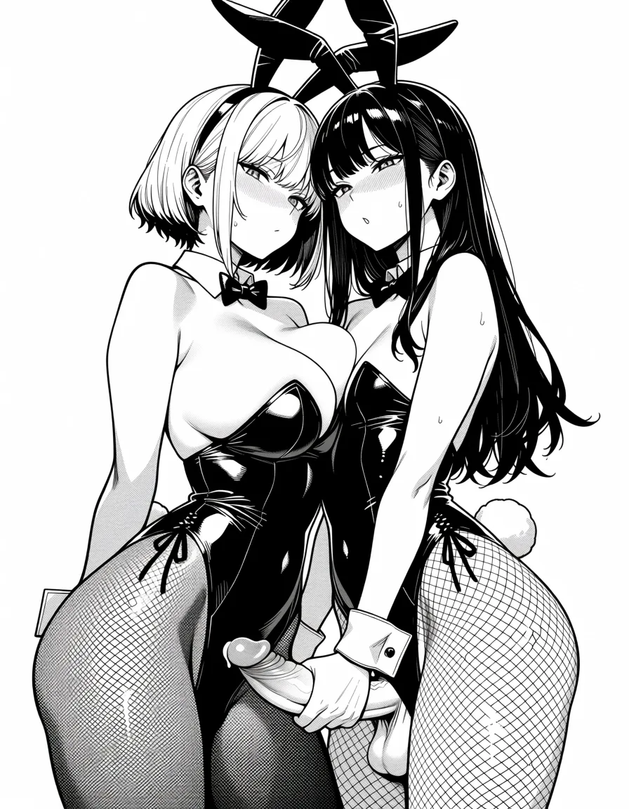 masterpiece, best quality, score_7, newest, manga, monochrome, greyscale, masterpiece, best quality, uncensored, futanari with female, playboy bunny, handjob, short haired female, long haired futanari, small breast futa, large breast female, casino, (monochrome:1.7), (greyscale:1.7), screentone, halftone dots, ink hatching, bold black spotting, white background