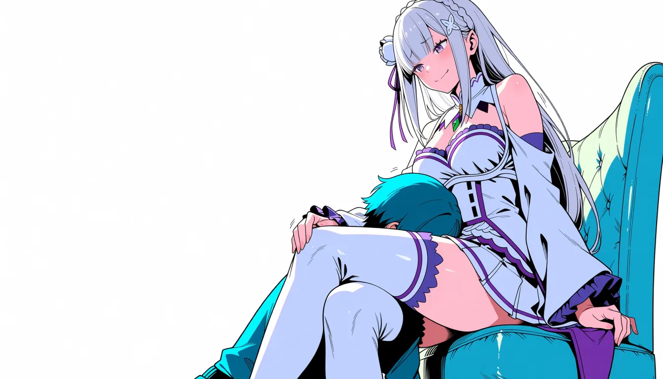 masterpiece, best quality, score_7, newest, anime screenshot, official art, 1girl, emilia (re:zero) The room, emilia is sitting on a chair, femdom, futanari, futanari is dominant, 1 guy, guy is sucking cock.,, (flat color:1.3), hard cel shading, thin crisp lineart, high key daylight, vivid primary palette, bright clean background