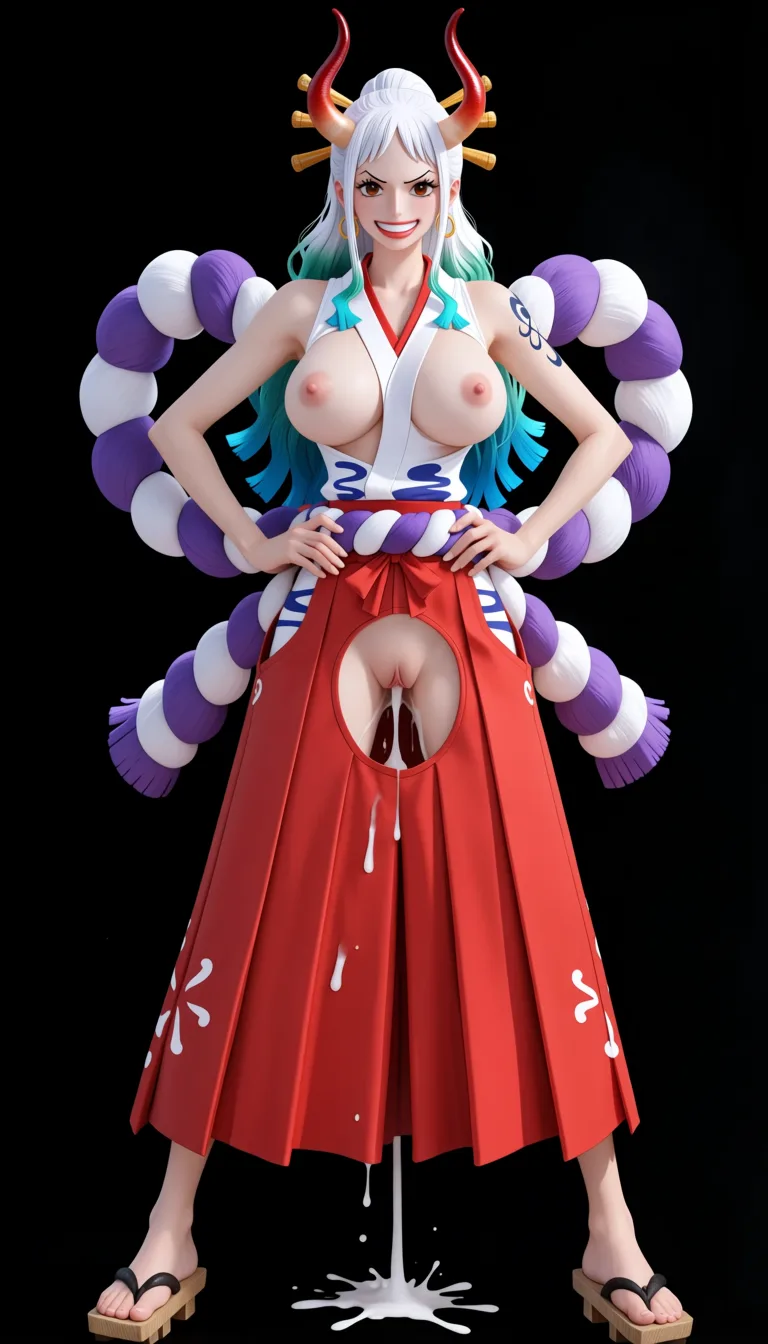 masterpiece, best quality, score_7, newest, anime screenshot, official art, Yamato, (One Piece style:1.9), (full body in frame:1.9), standing, (confident sexy pose:1.7), (black background:1.9), long white hair with turquoise and light-blue tips, two red curved oni horns, (bright white smile:1.6), (long legs:1.6), one hand on hips, (white sleeveless Japanese-style top with a red neckline and the chest area completely cutout to let the full naked breasts and nipples out:1.6), (naked breasts and nipples fully visible and exposed:1.7), (long red hakama skirt with big crotch cutout fully exposing vagina:1.6), naked pussy fully visible and exposed through crotch cutout, purple rope belt around the waist, traditional wooden sandals, massive amount of sperm dripping from pussy, (flat color:1.3), hard cel shading, thin crisp lineart, high key daylight, vivid primary palette, bright clean background