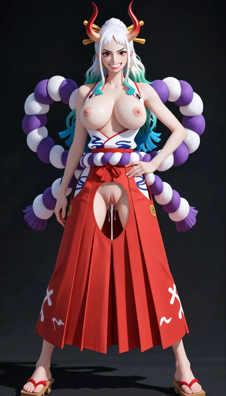masterpiece, best quality, score_7, newest, anime screenshot, official art, Yamato, (One Piece anime style:1.5), (full body in frame:1.9), standing, (confident sexy pose:1.8), (black background:1.8), (simple shadows on body and clothes:1.7), long white hair with turquoise and light-blue tips, two red curved oni horns, (bright white smile:1.6), (long legs:1.7), one hand on hip, (white sleeveless Japanese-style top with a red neckline and the chest area completely cutout to let the full naked breasts and nipples out:1.6), (naked breasts and nipples fully visible and exposed:1.7), (long red hakama skirt with big crotch cutout fully exposing vagina:1.7), naked pussy fully visible and exposed through crotch cutout, purple rope belt around the waist, traditional wooden sandals, massive amount of sperm dripping from pussy, (flat color:1.3), hard cel shading, thin crisp lineart, high key daylight, vivid primary palette, bright clean background