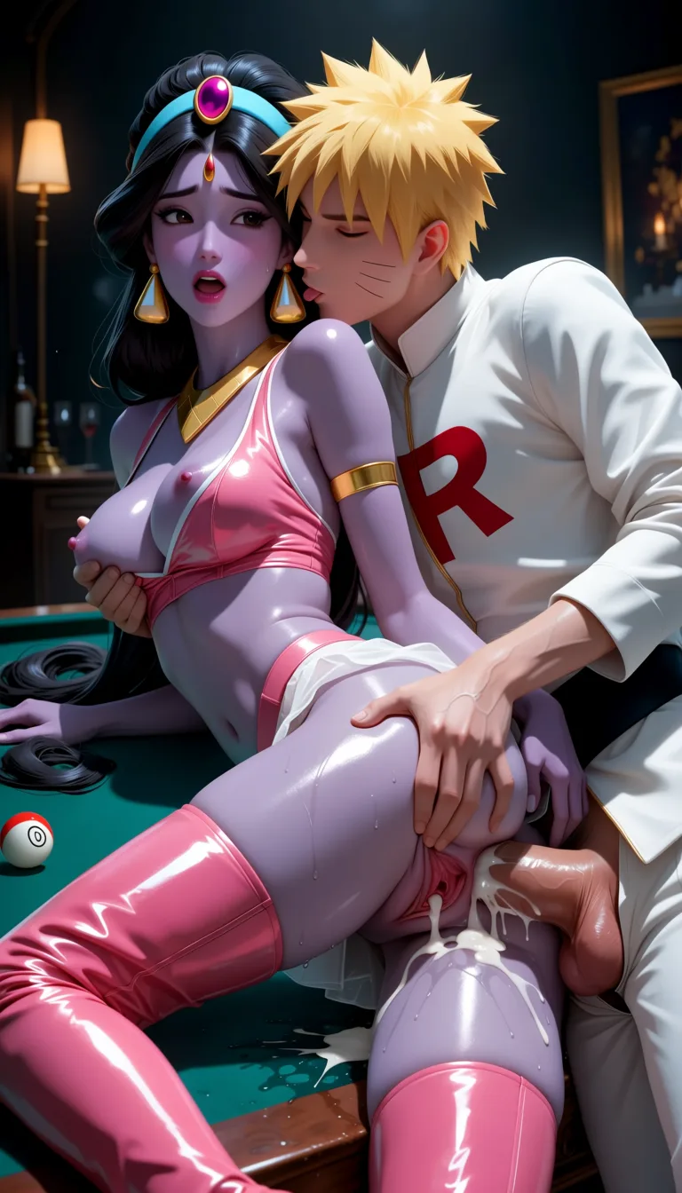 masterpiece, best quality, score_7, newest, highres, absurdres, anime coloring, 1boy, 1girl, purple skin Disneys princess jasmine (Aladdin), see-through_clothes, revealing_clothes, breasts_out, white team rocket uniform, bright lighting, on billiard table, moaning, pussy_juice, sweating, pink see-through shirt, pink thigh high boots, pink utility belt, pink pantyhose, dutch_angle, grabbing_from_behind, smaller breasts, spread pussy, arched_back, leg lifted, lying on side, anal sex with uzumaki Naruto, sex_from_behind, grabbing_from_behind, fucked in ass under bright lights, groping, kissing neck from behind, cum inside, eyes open 1, glossy shiny skin, wet highlights, (dim warm lighting:1.2), dramatic rim light, deep shadows, dark bokeh background, sensual mood