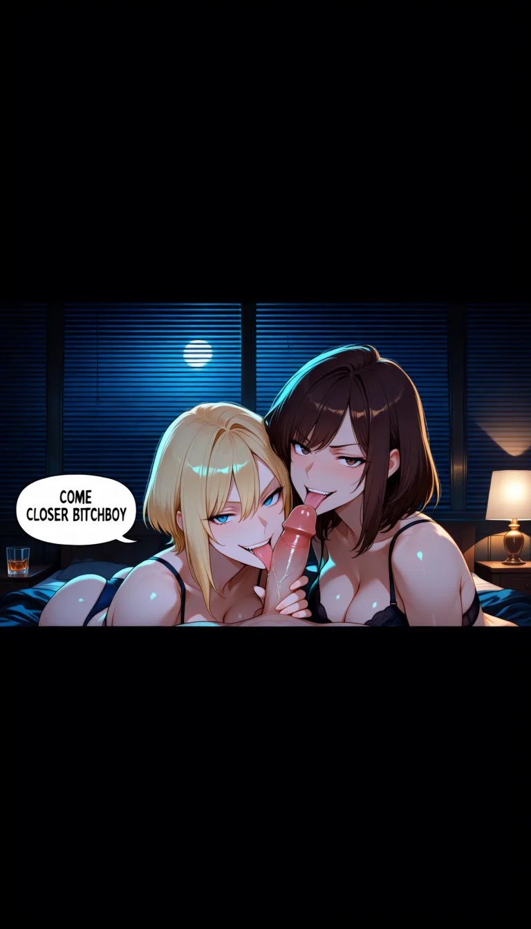 Blonde lick head of the cock and urethra with the tip of her tongue, smiling at viewer. Meanwhile Brunette look at the viewer, smirking with contempt, say "come closer, bitchboy ! I know you're craving to suck it !"