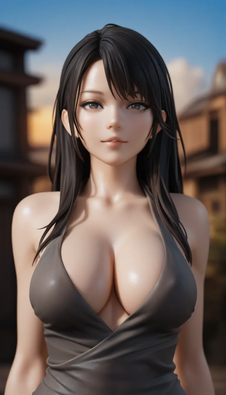 woman in mid 20's, tan skin, dark wavy long bangs hairstyle, brown eyes, small boobs, medium butt, athletic body, She sucks him slowly with eye contact the whole time, one hand stroking the base, spit on her lips, her head moving in a slow steady rhythm