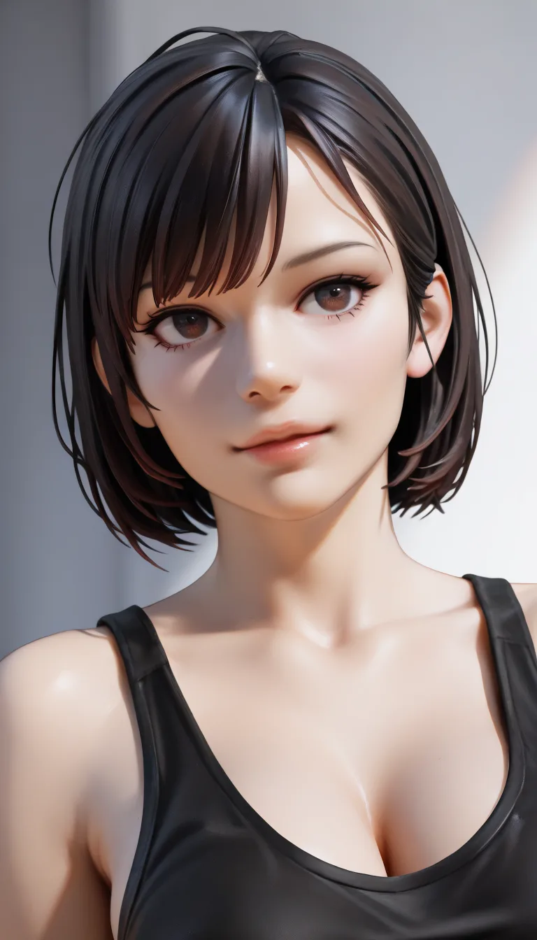 masterpiece, best quality, score_7, newest, photorealistic, realistic, 3d, Beautiful korean woman, bob hair, tank top, g-strings, (realistic:1.6), natural skin pores, subsurface scattering, soft neutral daylight, shallow depth of field, desaturated cinematic color grading, film grain