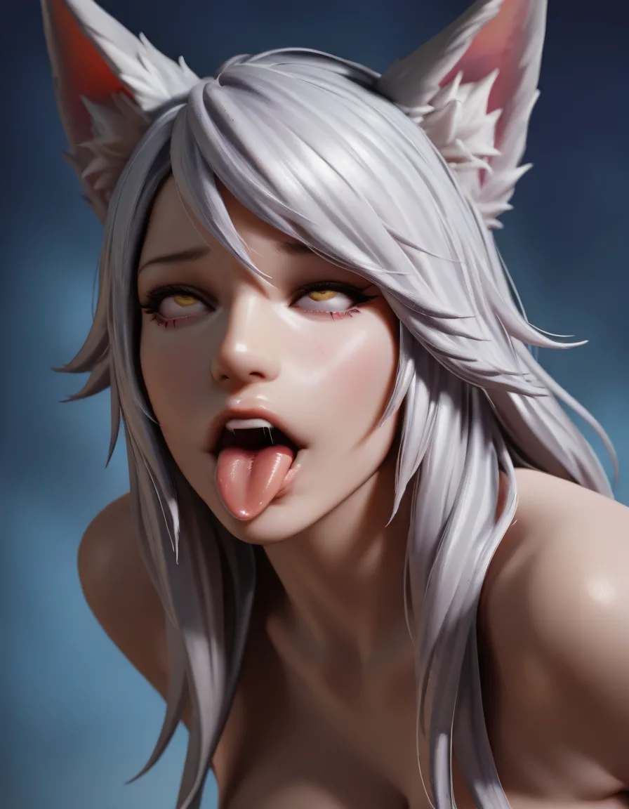 masterpiece, best quality, score_7, newest, photorealistic, realistic, 3d, 1woman, silver hair, leaning_forward, ahegao, tongue_out, ahri (league of legends), (realistic:1.6), natural skin pores, subsurface scattering, soft neutral daylight, shallow depth of field, desaturated cinematic color grading, film grain