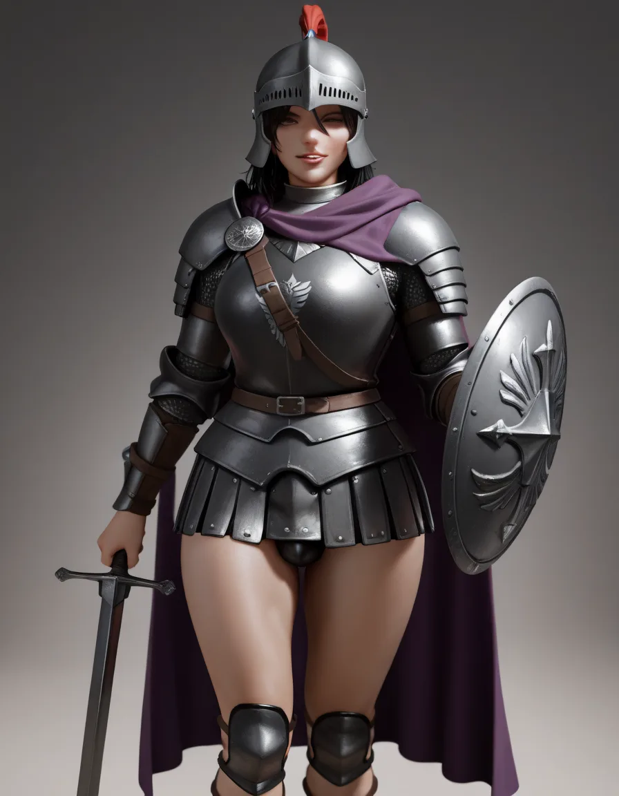 masterpiece, best quality, score_7, newest, photorealistic, realistic, 3d, tall dark_skin futanari plump wide_hips licking_lips praetorian guard black metal roman armor segmentata, roman black metal helmet, purple cloak, roman skirt, roman sandals, bulge, gladius roman sword, roman legionary shield, legionary armor, (realistic:1.6), natural skin pores, subsurface scattering, soft neutral daylight, shallow depth of field, desaturated cinematic color grading, film grain