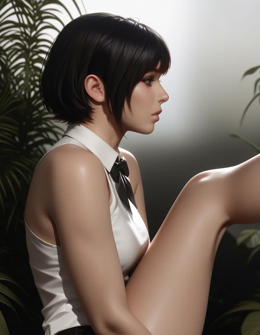 masterpiece, best quality, score_7, newest, photorealistic, realistic, 3d, masterpiece, best quality, 1other, bare shoulders, short hair, bowtie, leg up, plant, side view, clean lineart, hatsune miku, (realistic:1.6), natural skin pores, subsurface scattering, soft neutral daylight, shallow depth of field, desaturated cinematic color grading, film grain