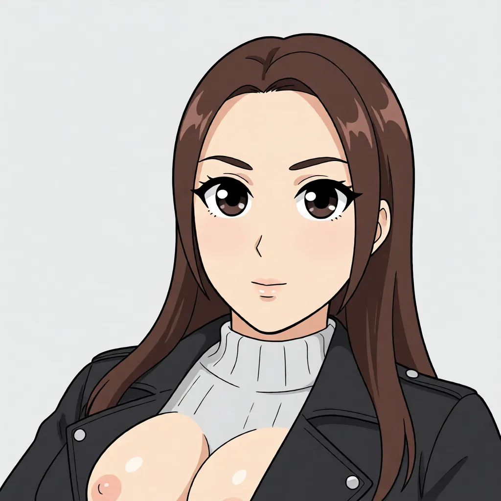 nude big tits. Redraw the entire picture as 2D anime artwork: clean cel shading, flat blocks of colour, crisp ink line art, large stylised eyes, simplified anime facial features and simplified anime hair. The background is drawn in the same anime style. Nothing in the frame keeps its photographic appearance.