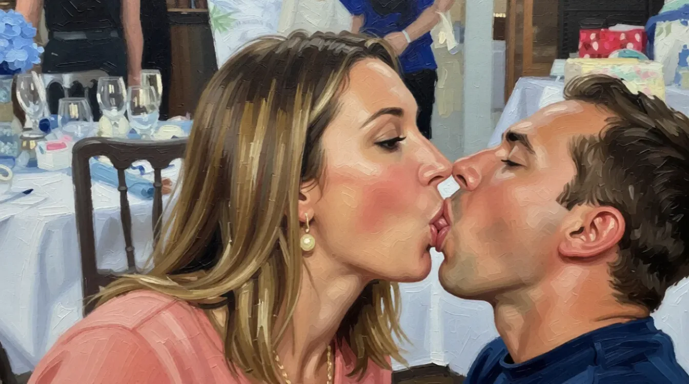 Side shot of her giving guy a blowjob who is standing in front of her. Repaint the entire picture as an oil painting: visible brush strokes, blended pigment, canvas texture and soft painterly edges throughout, including on the face and the background. Nothing in the frame keeps its photographic appearance.