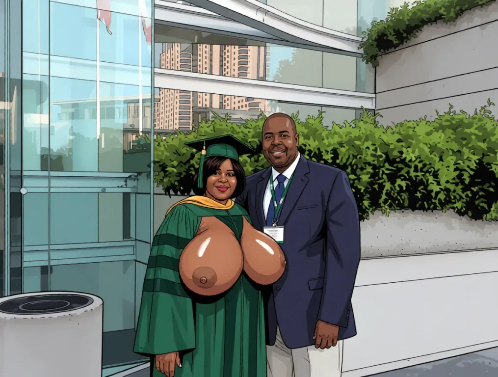 giant graduate with huge_breasts. Redraw the entire picture as hentai artwork: bold ink outlines, saturated flat colour, glossy cel shading and exaggerated stylised anatomy in the usual manga proportions. The background is drawn in the same style. Nothing in the frame keeps its photographic appearance.