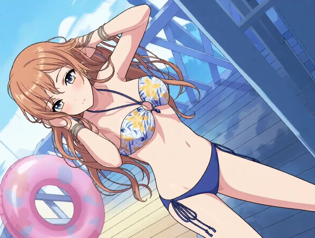 Hogtie her in this outfit. Redraw the entire picture as 2D anime artwork: clean cel shading, flat blocks of colour, crisp ink line art, large stylised eyes, simplified anime facial features and simplified anime hair. The background is drawn in the same anime style. Nothing in the frame keeps its photographic appearance.