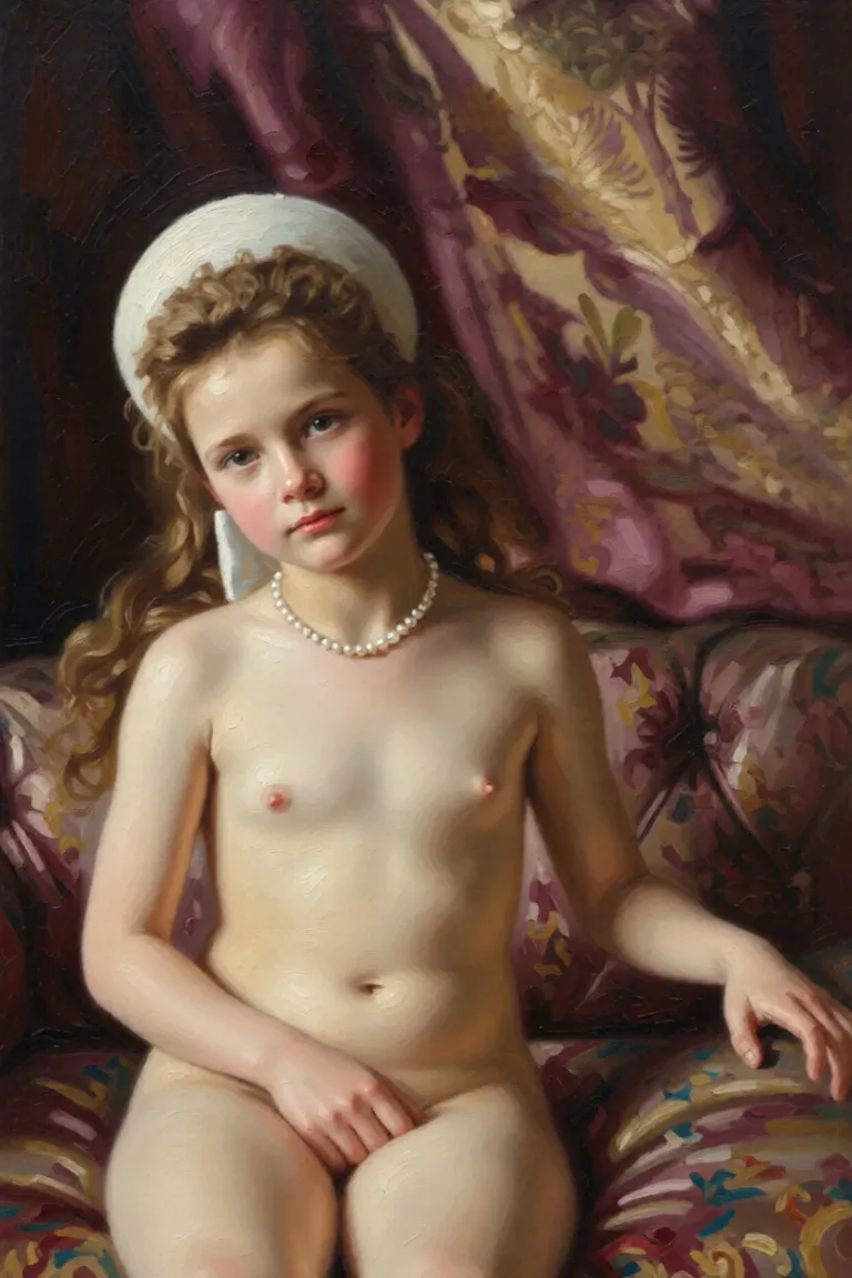 Full nude remove all clothes and show her body. High quality detailed. Repaint the entire picture as an oil painting: visible brush strokes, blended pigment, canvas texture and soft painterly edges throughout, including on the face and the background. Nothing in the frame keeps its photographic appearance.