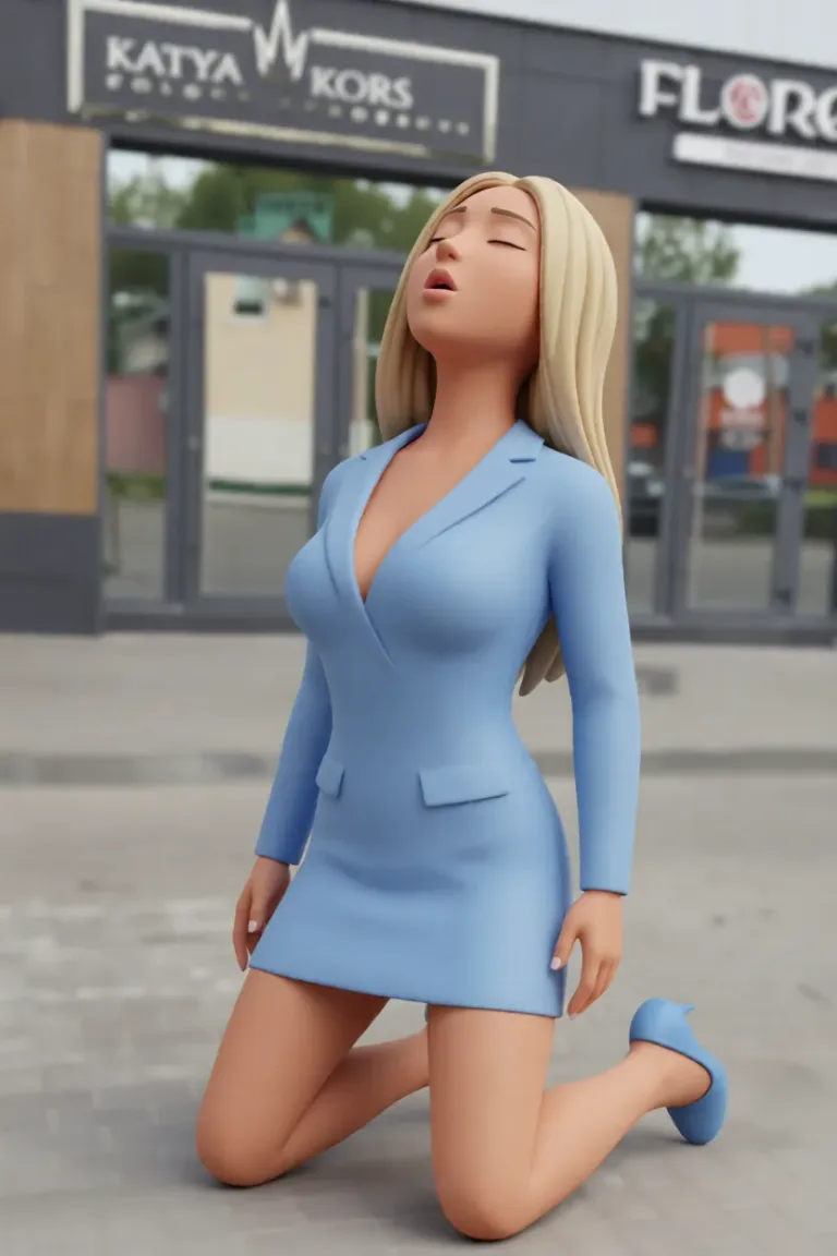 Голая становится на колени и лелает минет. Rebuild the entire picture as a stylised 3D character render: smooth matte surfaces, clean subdivided geometry, simplified toy-like proportions and even studio-style CG lighting, in the look of an animated feature rather than of a camera. The background is rendered in the same style. Nothing in the frame keeps its photographic appearance.
