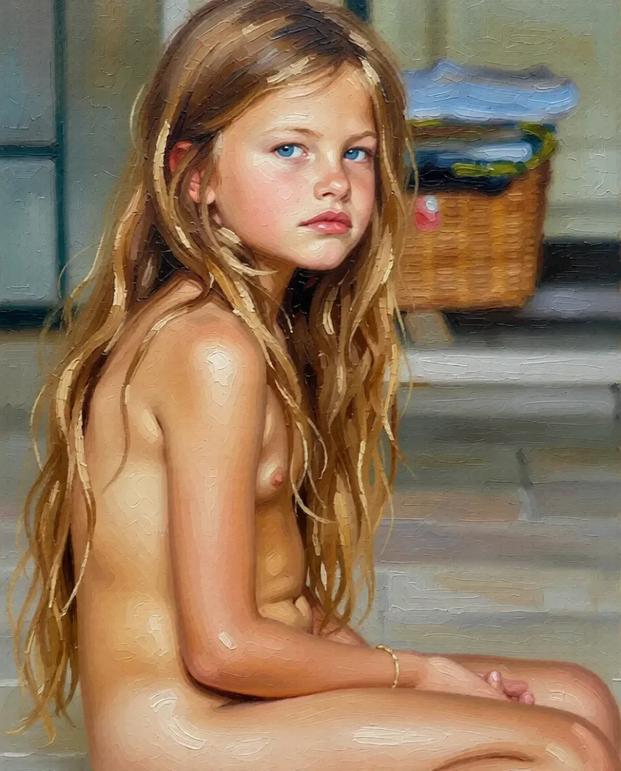 Full nude remove all clothes and show her body. High quality detailed. Repaint the entire picture as an oil painting: visible brush strokes, blended pigment, canvas texture and soft painterly edges throughout, including on the face and the background. Nothing in the frame keeps its photographic appearance.