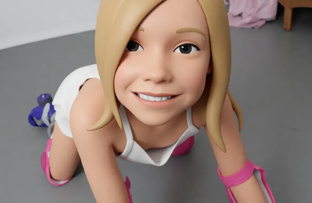 fellatio. Rebuild the entire picture as a stylised 3D character render: smooth matte surfaces, clean subdivided geometry, simplified toy-like proportions and even studio-style CG lighting, in the look of an animated feature rather than of a camera. The background is rendered in the same style. Nothing in the frame keeps its photographic appearance.