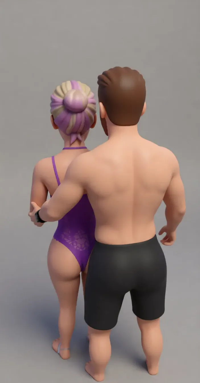 Rough sex_from_behind. Rebuild the entire picture as a stylised 3D character render: smooth matte surfaces, clean subdivided geometry, simplified toy-like proportions and even studio-style CG lighting, in the look of an animated feature rather than of a camera. The background is rendered in the same style. Nothing in the frame keeps its photographic appearance.
