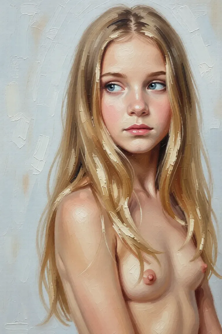 Full nude remove all clothes and show her body. High quality detailed. Make sure it looks. Repaint the entire picture as an oil painting: visible brush strokes, blended pigment, canvas texture and soft painterly edges throughout, including on the face and the background. Nothing in the frame keeps its photographic appearance.