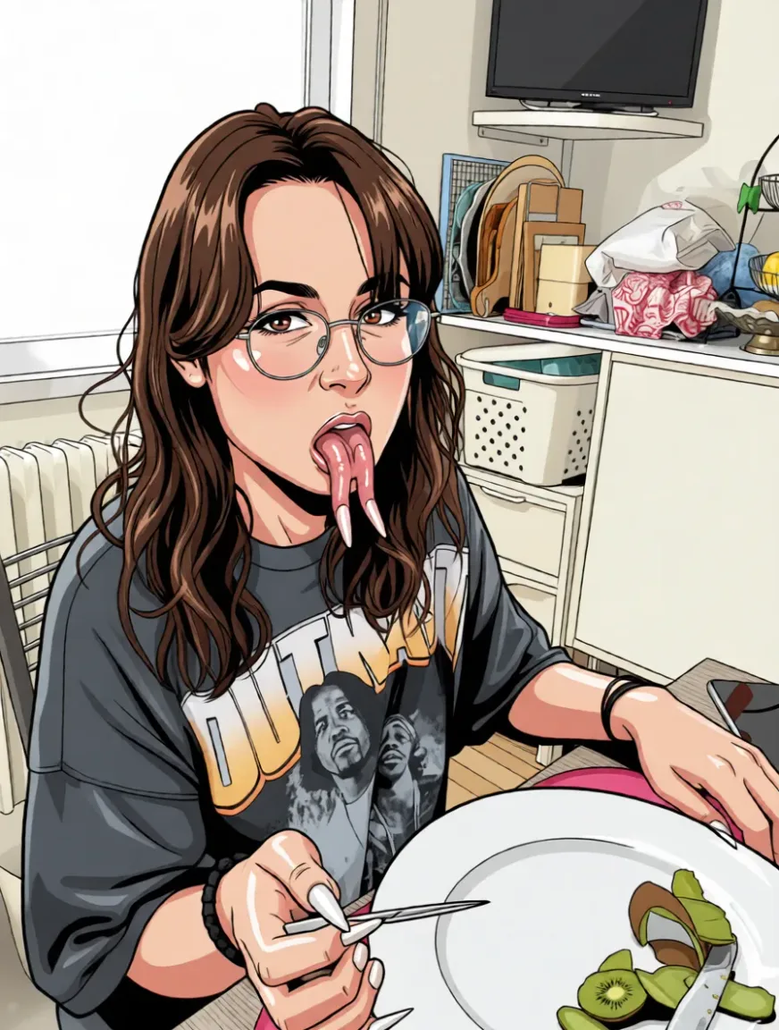 facial cum long_fingernails. Redraw the entire picture as hentai artwork: bold ink outlines, saturated flat colour, glossy cel shading and exaggerated stylised anatomy in the usual manga proportions. The background is drawn in the same style. Nothing in the frame keeps its photographic appearance.