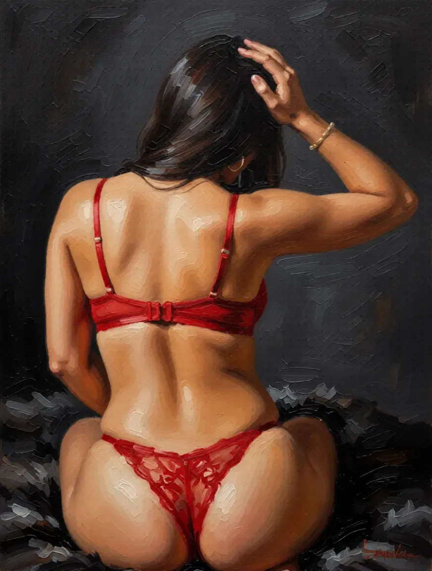 sex_from_behind. Repaint the entire picture as an oil painting: visible brush strokes, blended pigment, canvas texture and soft painterly edges throughout, including on the face and the background. Nothing in the frame keeps its photographic appearance.