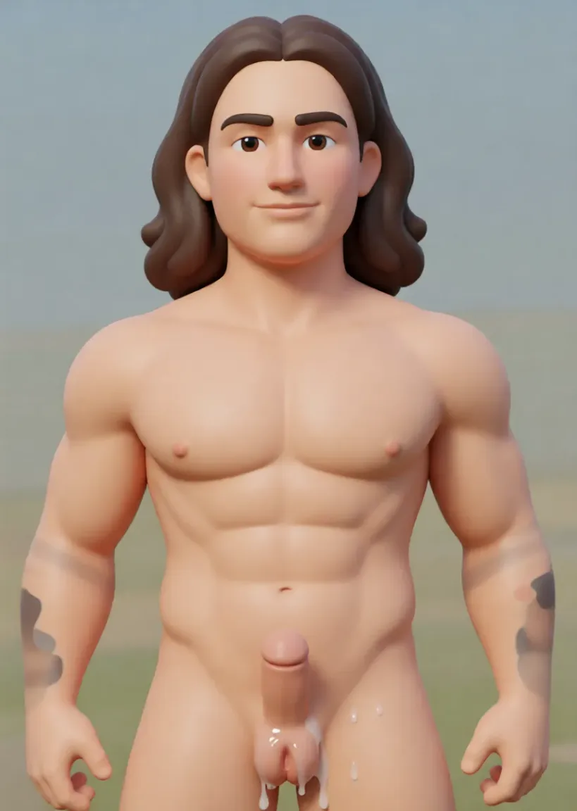 THis is a gay man. I want to see his hard erect penis and dripping in cum His body should be fit with abs. keep his face as as possible along with his body and penis. Rebuild the entire picture as a stylised 3D character render: smooth matte surfaces, clean subdivided geometry, simplified toy-like proportions and even studio-style CG lighting, in the look of an animated feature rather than of a camera. The background is rendered in the same style. Nothing in the frame keeps its photographic appearance.