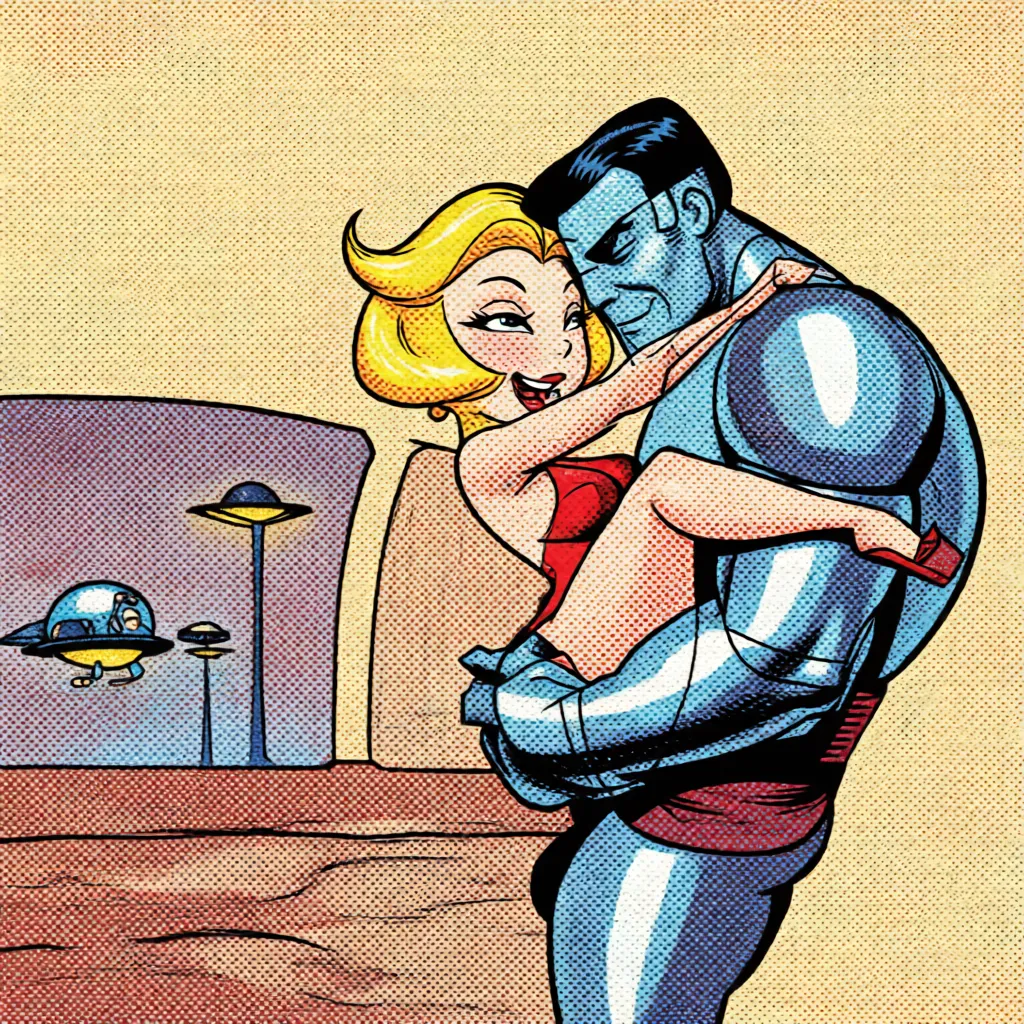 Jane Jetson fucking a robot. Redraw the entire picture as western comic-book art: heavy black inked outlines, hard-edged cel shading, limited high-contrast colour and visible halftone dot texture. The background is drawn in the same style. Nothing in the frame keeps its photographic appearance.
