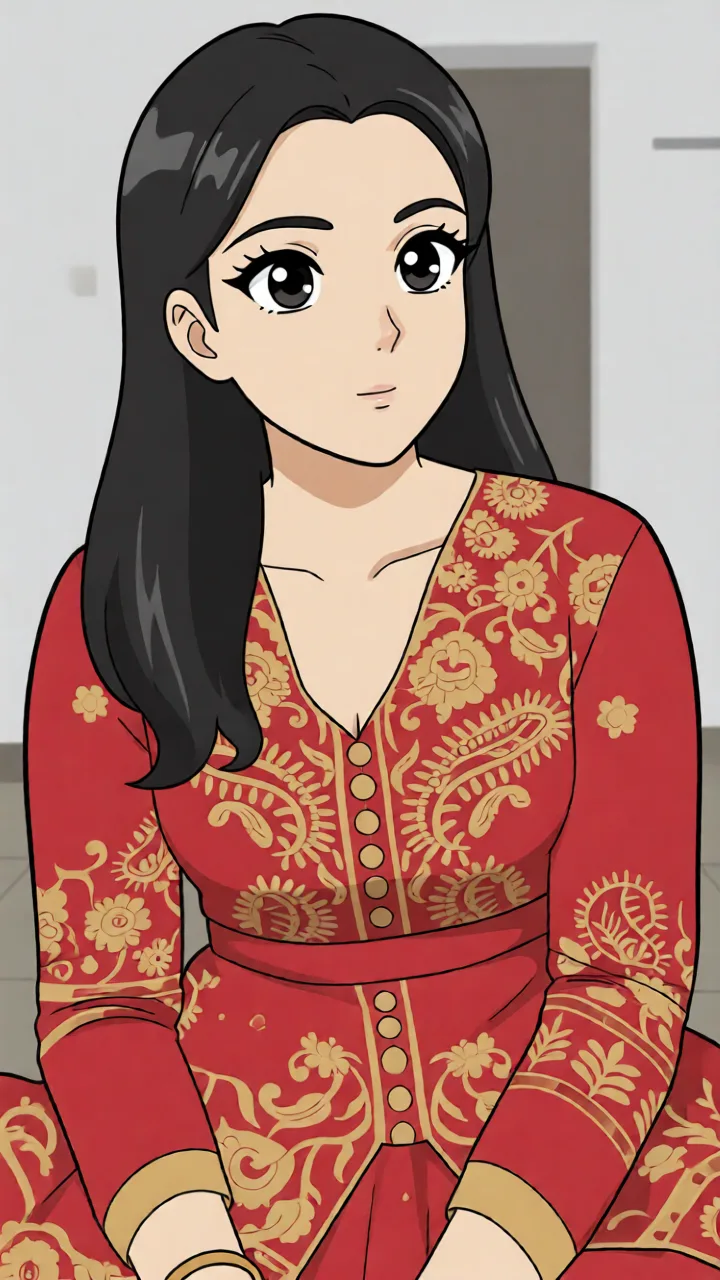 Remove dress showing boobs and pussy. Redraw the entire picture as 2D anime artwork: clean cel shading, flat blocks of colour, crisp ink line art, large stylised eyes, simplified anime facial features and simplified anime hair. The background is drawn in the same anime style. Nothing in the frame keeps its photographic appearance.