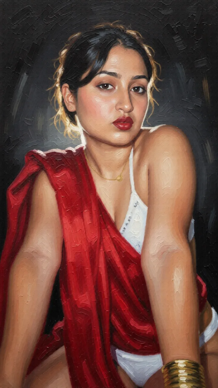 In bikini. Repaint the entire picture as an oil painting: visible brush strokes, blended pigment, canvas texture and soft painterly edges throughout, including on the face and the background. Nothing in the frame keeps its photographic appearance.