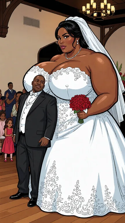 giant bride huge_breasts. Redraw the entire picture as hentai artwork: bold ink outlines, saturated flat colour, glossy cel shading and exaggerated stylised anatomy in the usual manga proportions. The background is drawn in the same style. Nothing in the frame keeps its photographic appearance.