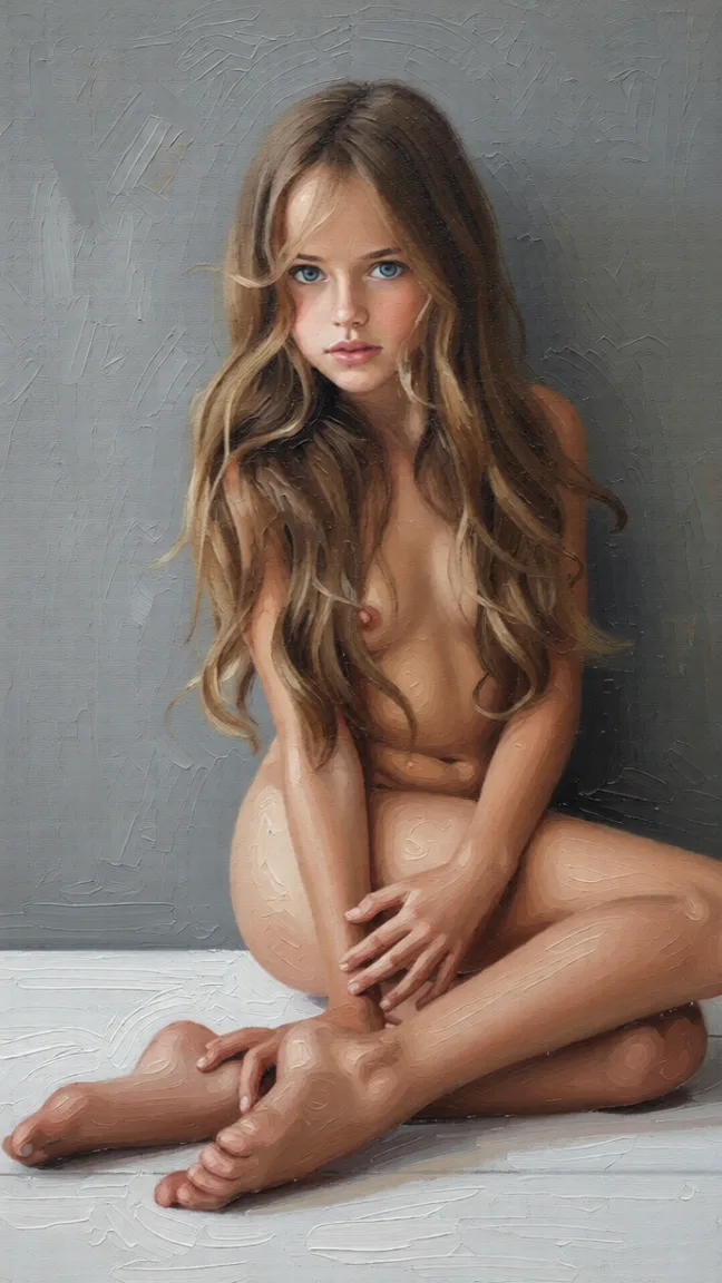 Full nude remove all clothes and show her body. High quality detailed. Repaint the entire picture as an oil painting: visible brush strokes, blended pigment, canvas texture and soft painterly edges throughout, including on the face and the background. Nothing in the frame keeps its photographic appearance.