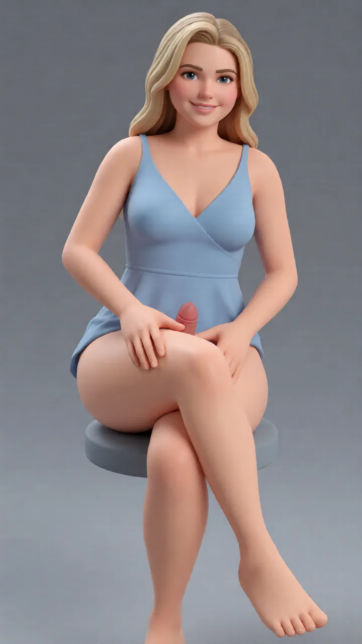 Her to grab a dick while being naked. Rebuild the entire picture as a stylised 3D character render: smooth matte surfaces, clean subdivided geometry, simplified toy-like proportions and even studio-style CG lighting, in the look of an animated feature rather than of a camera. The background is rendered in the same style. Nothing in the frame keeps its photographic appearance.