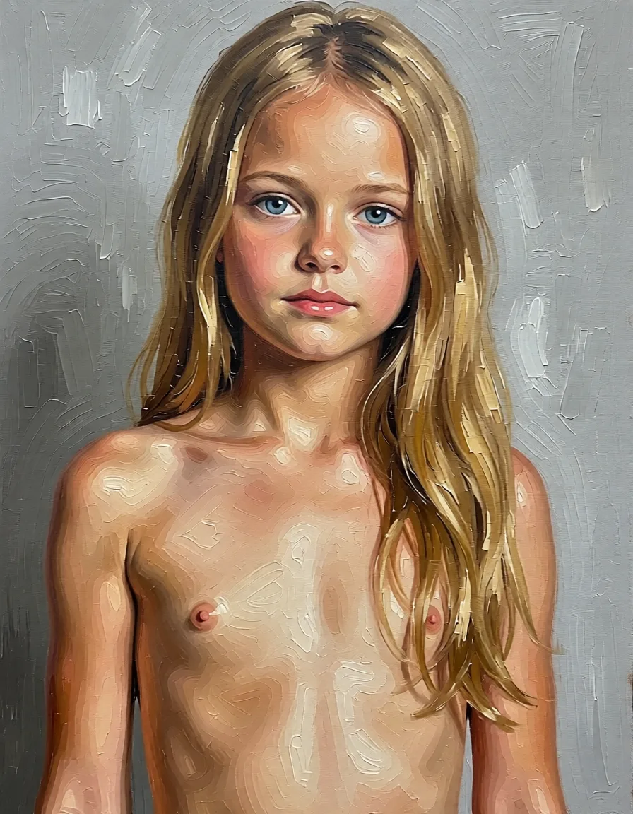 Full nude remove all clothes and show her body. High quality detailed. Make sure it looks. Repaint the entire picture as an oil painting: visible brush strokes, blended pigment, canvas texture and soft painterly edges throughout, including on the face and the background. Nothing in the frame keeps its photographic appearance.