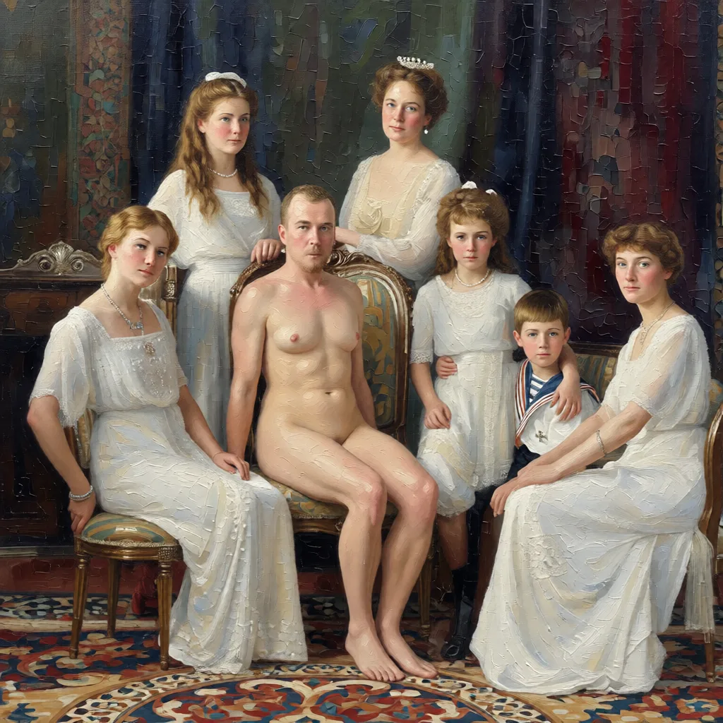 Full nude remove all clothes and show her body. High quality detailed. Repaint the entire picture as an oil painting: visible brush strokes, blended pigment, canvas texture and soft painterly edges throughout, including on the face and the background. Nothing in the frame keeps its photographic appearance.