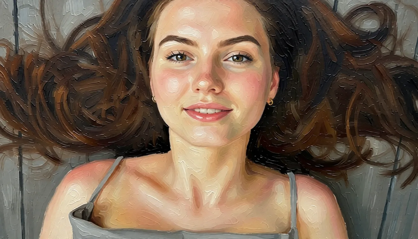1 girl, 1 boy, BBC, anal, cowgirl_position. Repaint the entire picture as an oil painting: visible brush strokes, blended pigment, canvas texture and soft painterly edges throughout, including on the face and the background. Nothing in the frame keeps its photographic appearance.