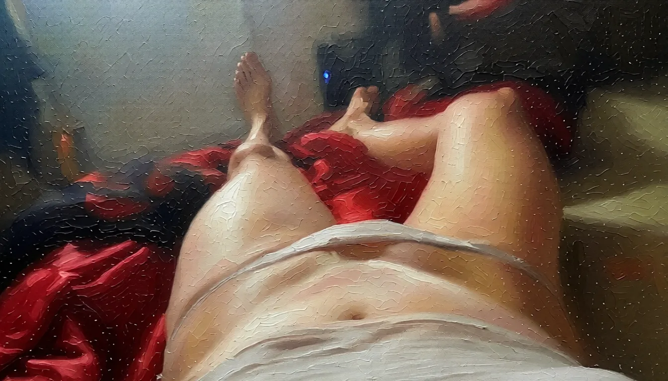 tranny naked. Repaint the entire picture as an oil painting: visible brush strokes, blended pigment, canvas texture and soft painterly edges throughout, including on the face and the background. Nothing in the frame keeps its photographic appearance.